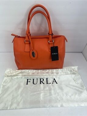 FURLA LARGE PURSE BAG ORANGE LEATHER, LIZARD IMPRINT, COMES WITH DUST BAG